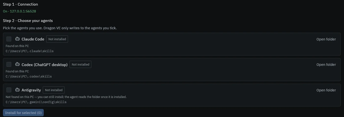 Home, AI agents: Step 1 connection is on; Step 2 lists Claude Code, Codex and Antigravity with their skills folders